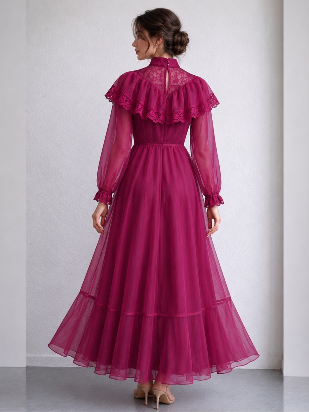 Vintage 1970s Magenta Chiffon Long Sleeve Victorian Maxi Dress XS Prairie - Picture 2 of 13